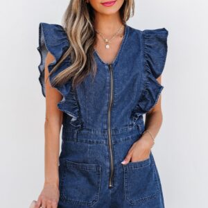 Sail Blue Denim Ruffled Zipped Front Belted Romper