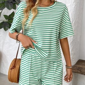 Striped Round Neck Short Sleeve Top and Shorts Set