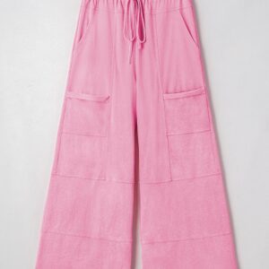 Bonbon Mineral Wash Exposed Seam Drawstring High Waist Wide Leg Cargo Pants