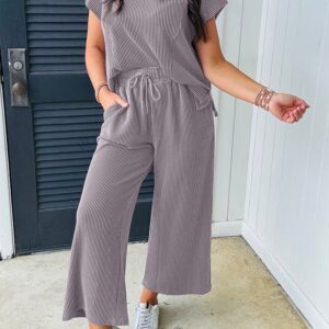 Wild Wind Solid Corded Knit Short Sleeve Top and Wide Leg Pants Set