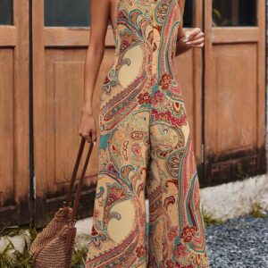 Red Paisley Printed Spaghetti Straps Elegant Wide Leg Jumpsuit