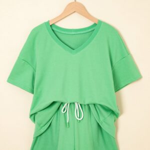 Mint Green V Neck Drop Shoulder Top and Patchwork Drawstring Shorts Set