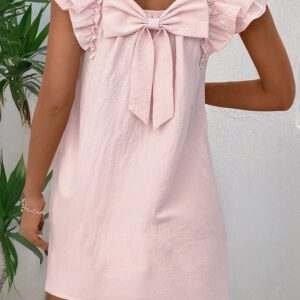 Light Pink Textured Flutter Sleeve Square Neck Bow Back Dress