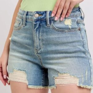 Judy Blue High Rise Washed Fly Stitch Detail and Destroy Denim Shorts