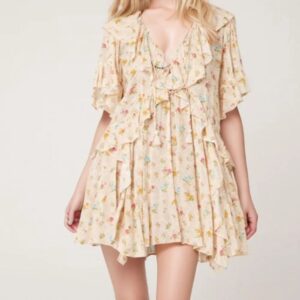 Boho Floral Tassel Tie V Neck Ruffle Wide Sleeve Mini Women's Dress