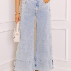 Beau Blue Mid Rise Pearl Embellished Split Wide Leg Jeans
