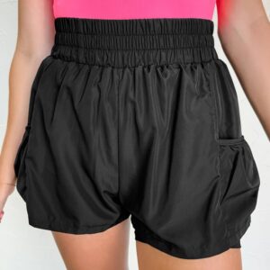 Black Elastic High Waist Pocketed Casual Shorts