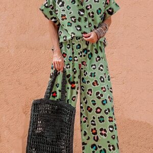 Green Leopard Print Short Sleeve Shirt and Wide Leg Pants Set