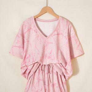 Pink Abstract Print V Neck Loose Tee Drawstring Shorts 2pcs Outfit