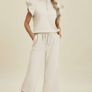 Texture Ruffle Short Sleeve Top and Wide Leg Pants Set-Variety Of Colors