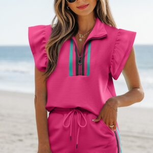Strawberry Pink Striped Detail Flutter Sleeve Zipped Collar Short Set